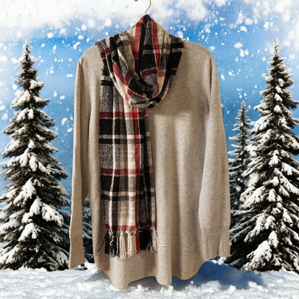NWT! SET! Natural Reflections Gray Sweater w/ Plaid Scarf